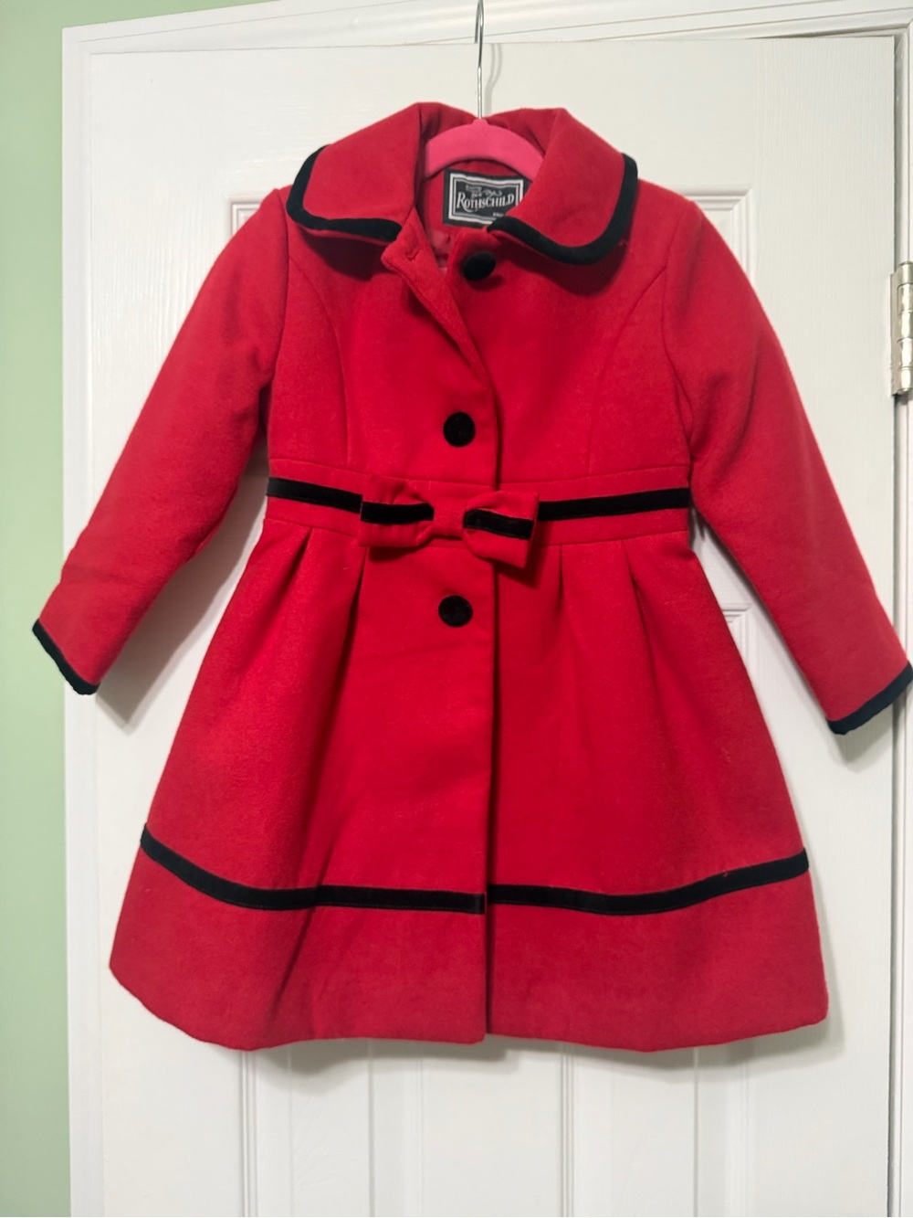 Rothschild Red Girls' Bow-Trim Pea Coat with Black velvet accents size 4T